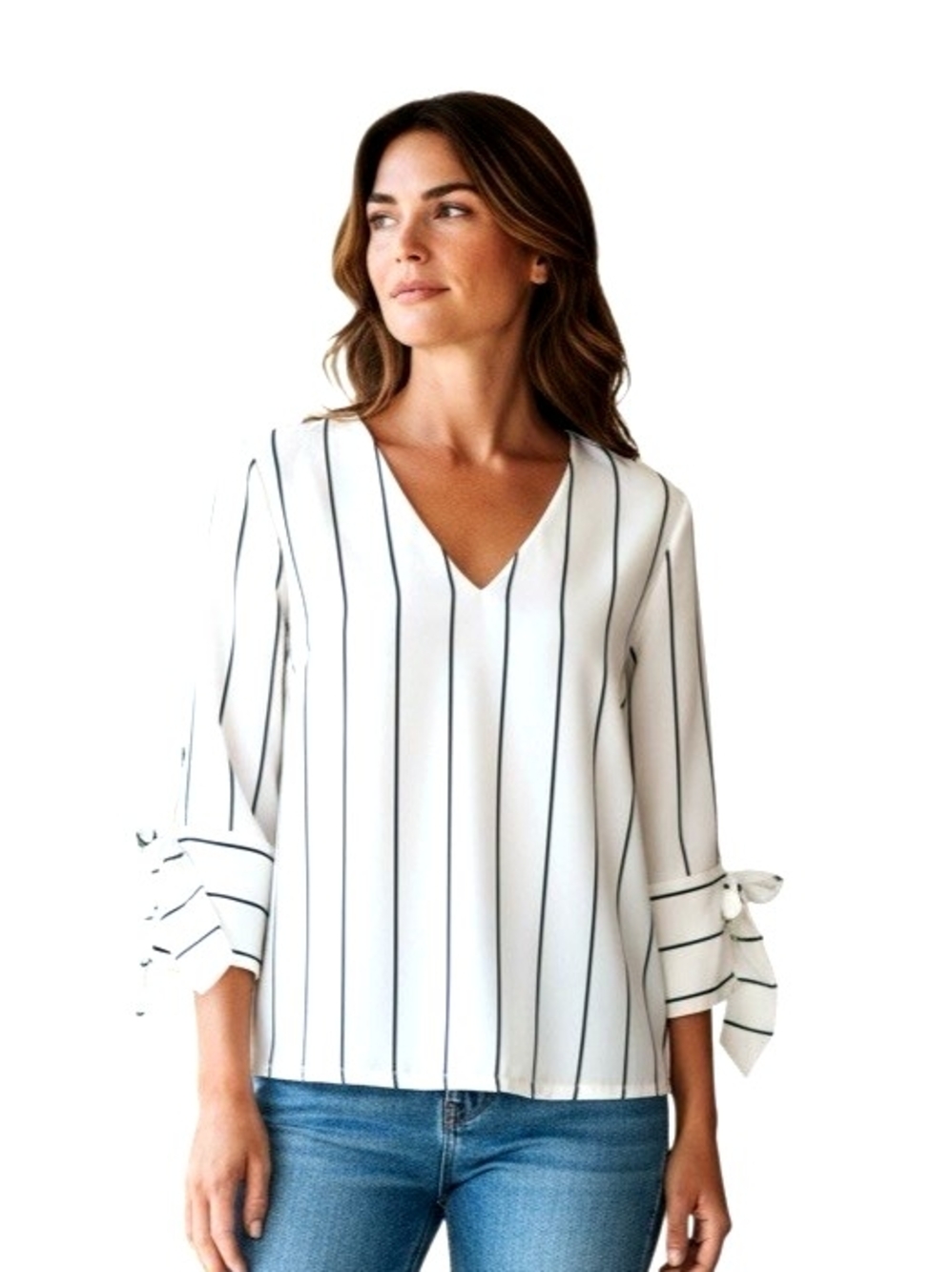 H&M Women's White Vertical-Stripe V-Neck Tie-Sleeve Blouse
